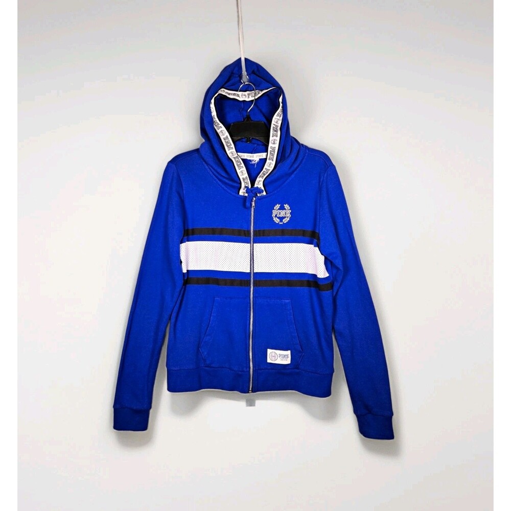 Victoria's Secret PINK Blue Varsity Striped Full Zip Hoodie Size S Mesh Accent